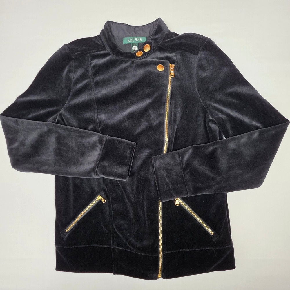 Lauren Ralph Lauren‎ Velour Moto Jacket Womens Small Black Gold Zip Cotton Blend